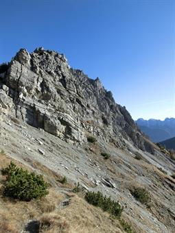 Una volta saziatisi degli ampi panorami, ostacolati solo dall'imponente cima gemella, si seguono gli ometti che scendono a meridione per la facile cresta. Ben presto quest'ultima si fa burbera ed è necessario tagliare per i ripidi verdi, mantenendosi a ri