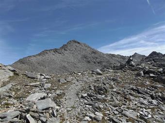 Dall'ampio valico possiamo finalmente inquadrare la rocciosa piramide del   Dreieck Spitz/Triangolo di Riva, anche se mancano totalmente le indicazioni per raggiungerne la vetta.