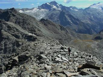 Il Rieserferner Gruppe/Vedrette di Ries chiude l'orizzonte verso a meridione, mentre abbandoniamo la vetta.